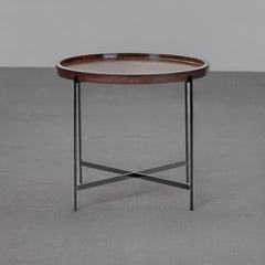 Sheesham Solid Wood Round Metal End Table