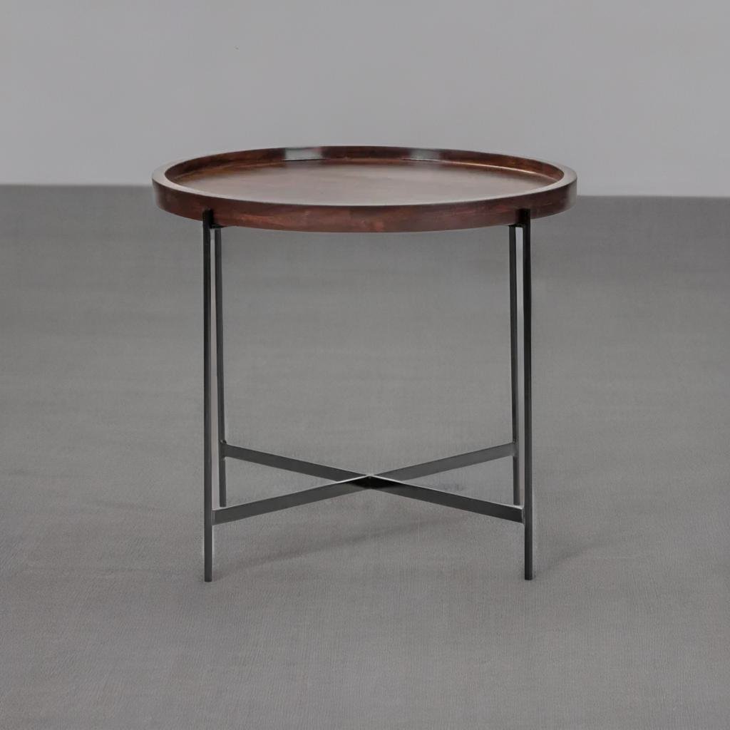 Sheesham Solid Wood Round Metal End Table