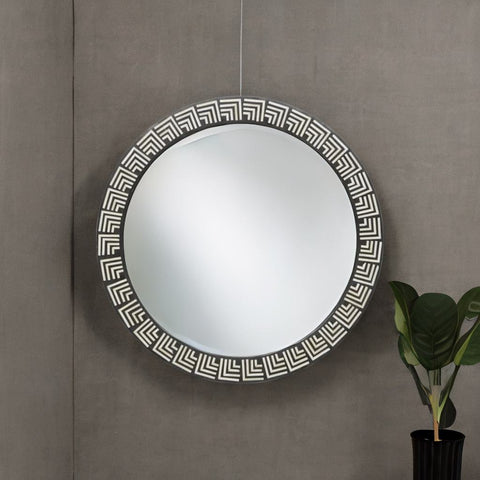 Bone Inlay Round Wall Mirror / Lattice Black