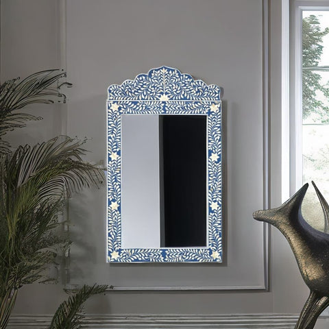 Bone Inlay Blue Floral Large Wall Mirror