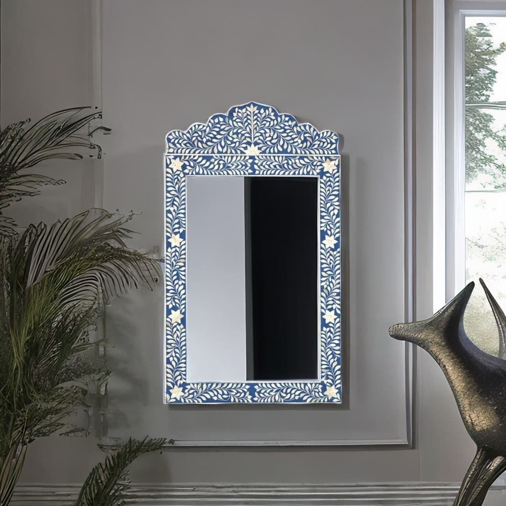 Bone Inlay Blue Floral Large Wall Mirror