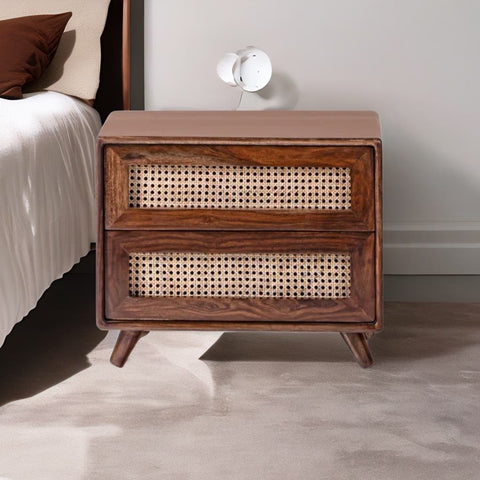 Classic Rattan Sheesham Solid Wood Brown Finish Bedside Table