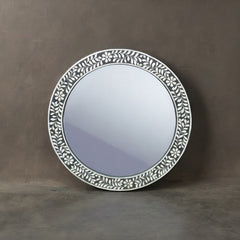 Bone Inlay Round Floral Black White Wall Mirror Frame