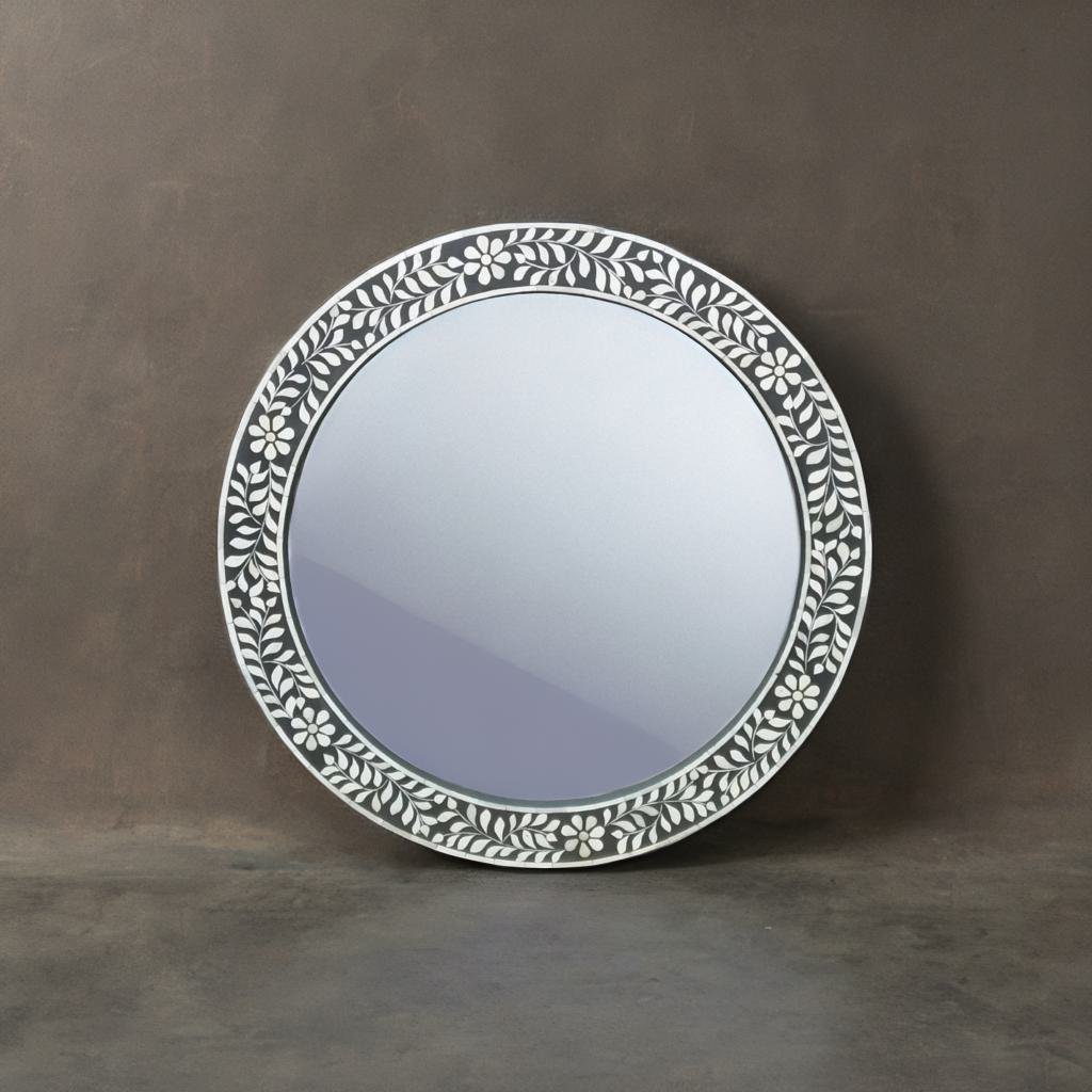 Bone Inlay Round Floral Black White Wall Mirror Frame