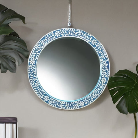 Bone Inlay Round Floral Blue Vanity Wall Mirror