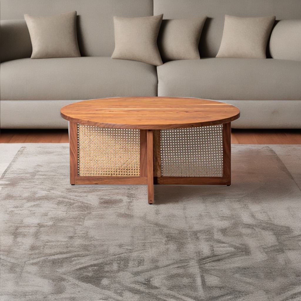 Solid Wood Rattan Coffee Table - Natural Finish