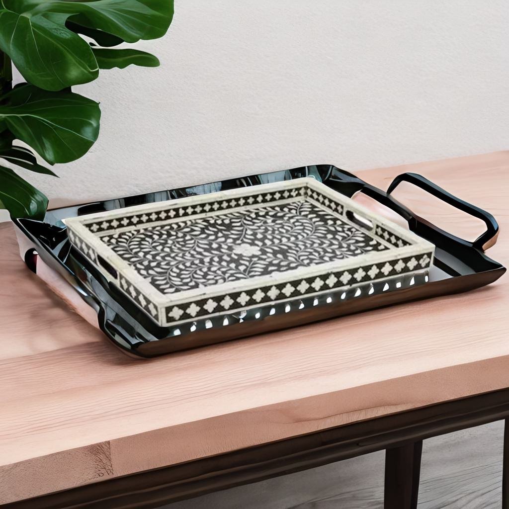 Serving Wooden Tray for Dining Table - Floral Pattern