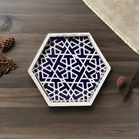 Bone Inlay Solid Wood Hexagonal Geometric Pattern Serving Tray