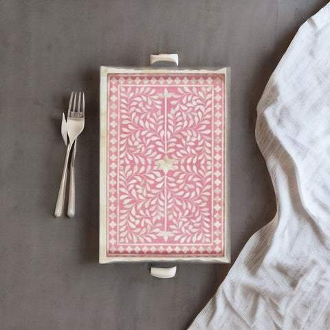 Bone Inlay Solid Wood Rectangle Floral Pattern Serving Tray