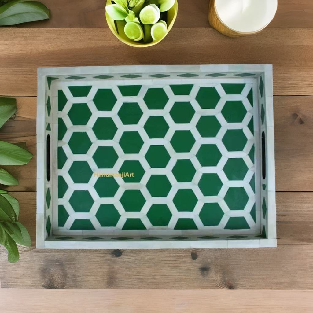 Bone Inlay Honeycomb Pattern Serving Rectangle Tray