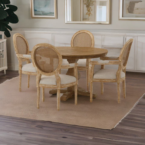 Antalya Modern Rattan Solid Mango Wood Round 4 Seater Dining Table Set