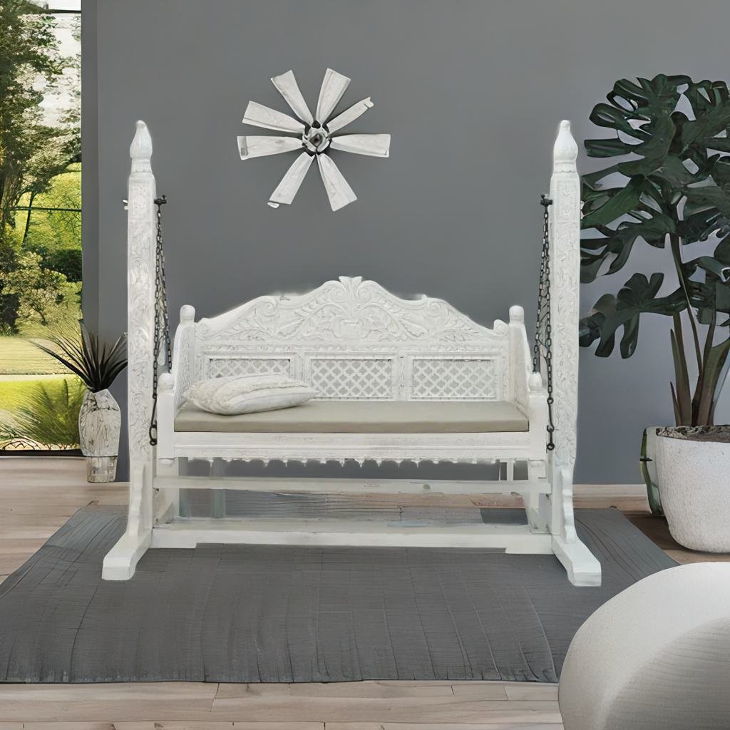 Solid Wood 2 Seater Swing Chair - White Finish