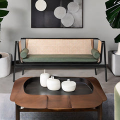 Classic Rattan Sheesham Solid Wood and Fabric Teal 3 Seater Fabric Sofa