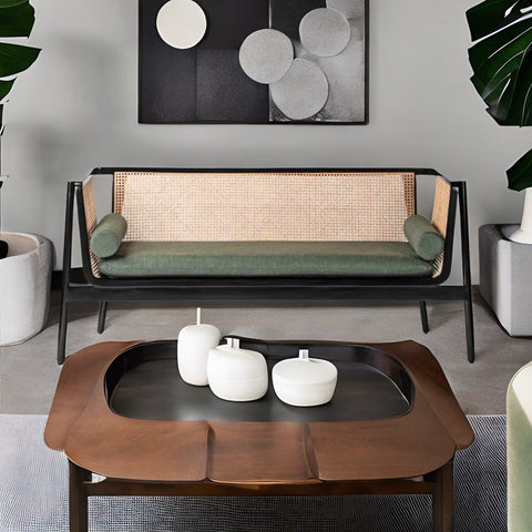 Classic Rattan Sheesham Solid Wood and Fabric Teal 3 Seater Fabric Sofa