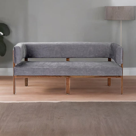 Classic Sheesham Solid Wood and Fabric Grey 3 Seater Sofa