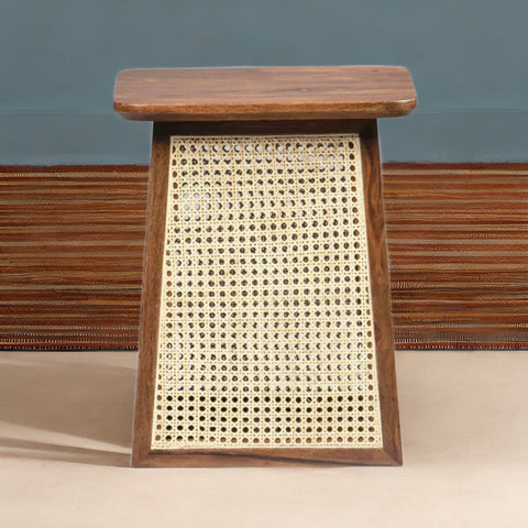 Modern Style Rattan Wooden End Table - Walnut Finish