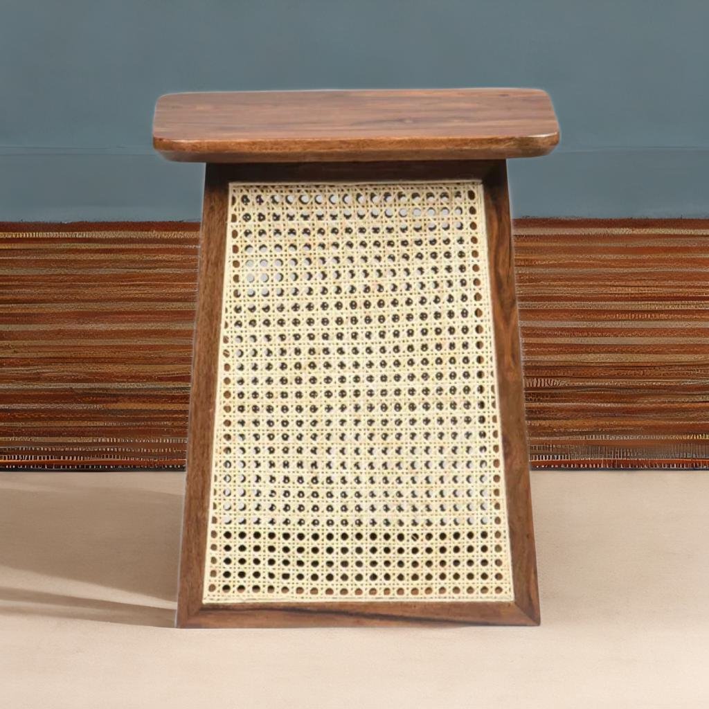 Modern Style Rattan Wooden End Table - Walnut Finish