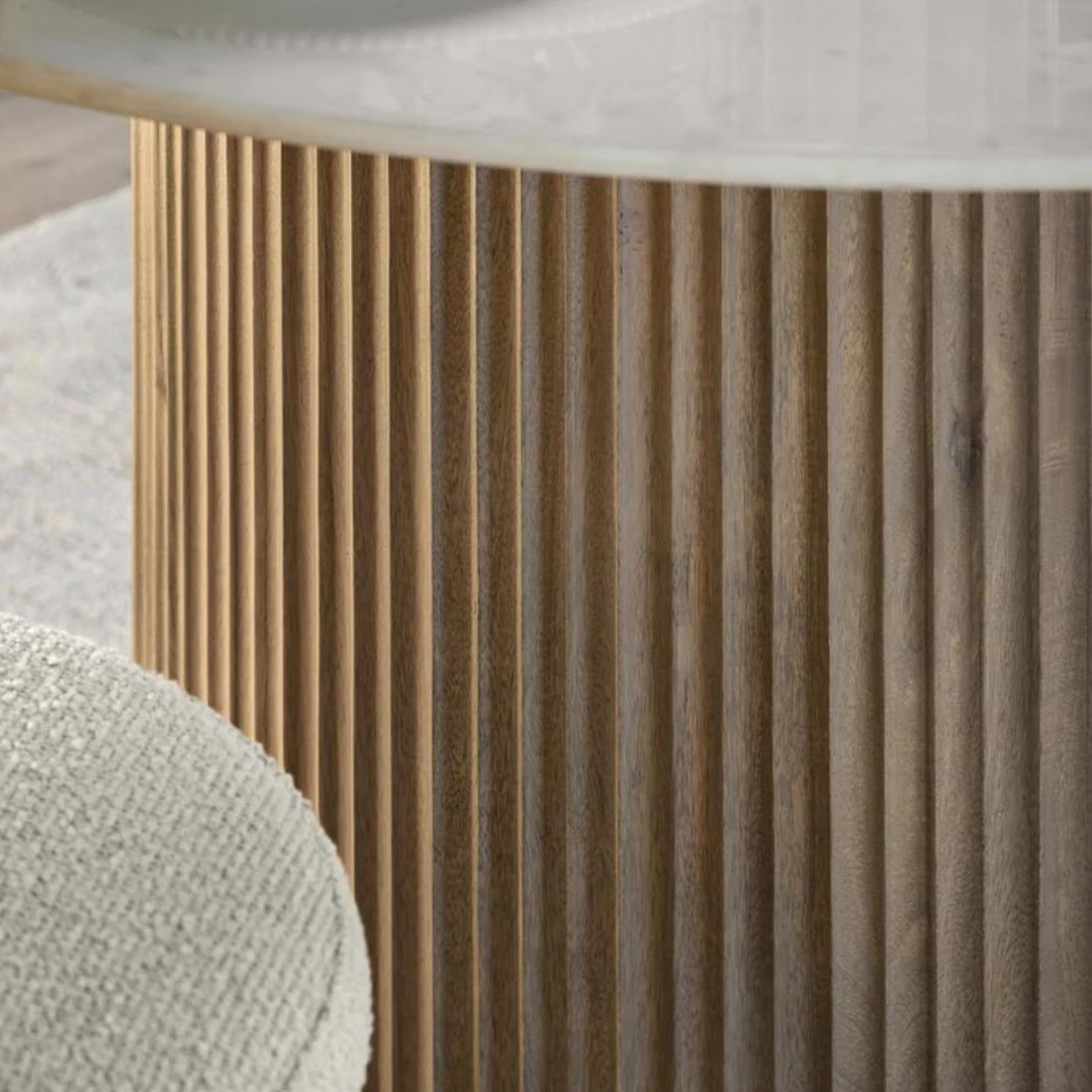 Antalya Modern Fluted Round Marble Top Dining Set With Boucle Chairs - 4 Seater, 6 Seater - All Sizes