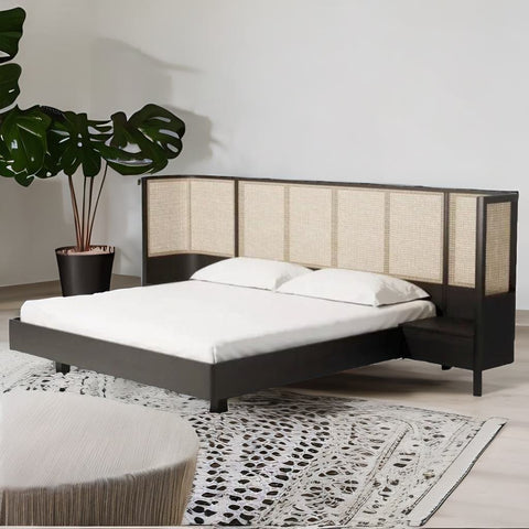 Rio Classic Solid Wood Rattan Bed With Attached Side Table In Black Finish -All sizes