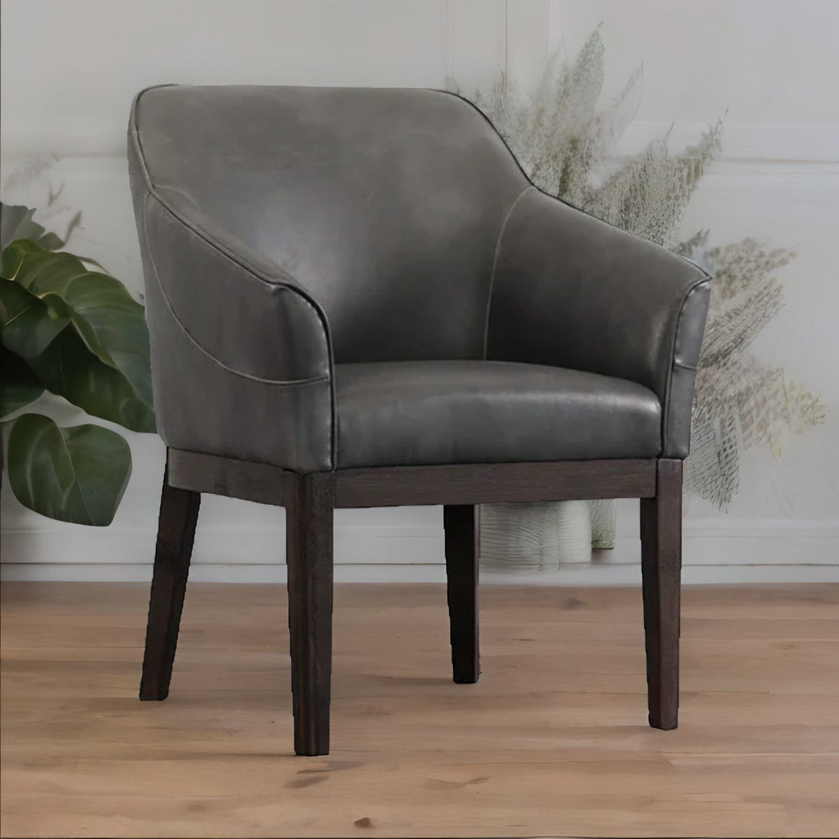 Modern Solid Wood Leather Arm Chair- Grey Finish