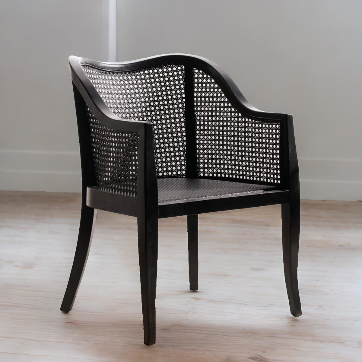 Modern Rattan Solid Wood  Arm Chair- Black Finish