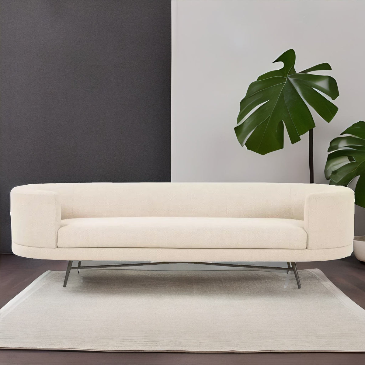Modern 3 Seater Curve Fabric Sofa - Off- White Finish