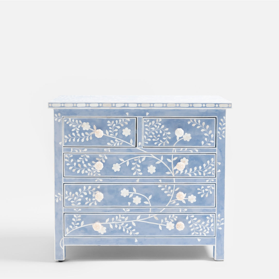 Blue Toki Bone Inlay Chest of 5 Drawers