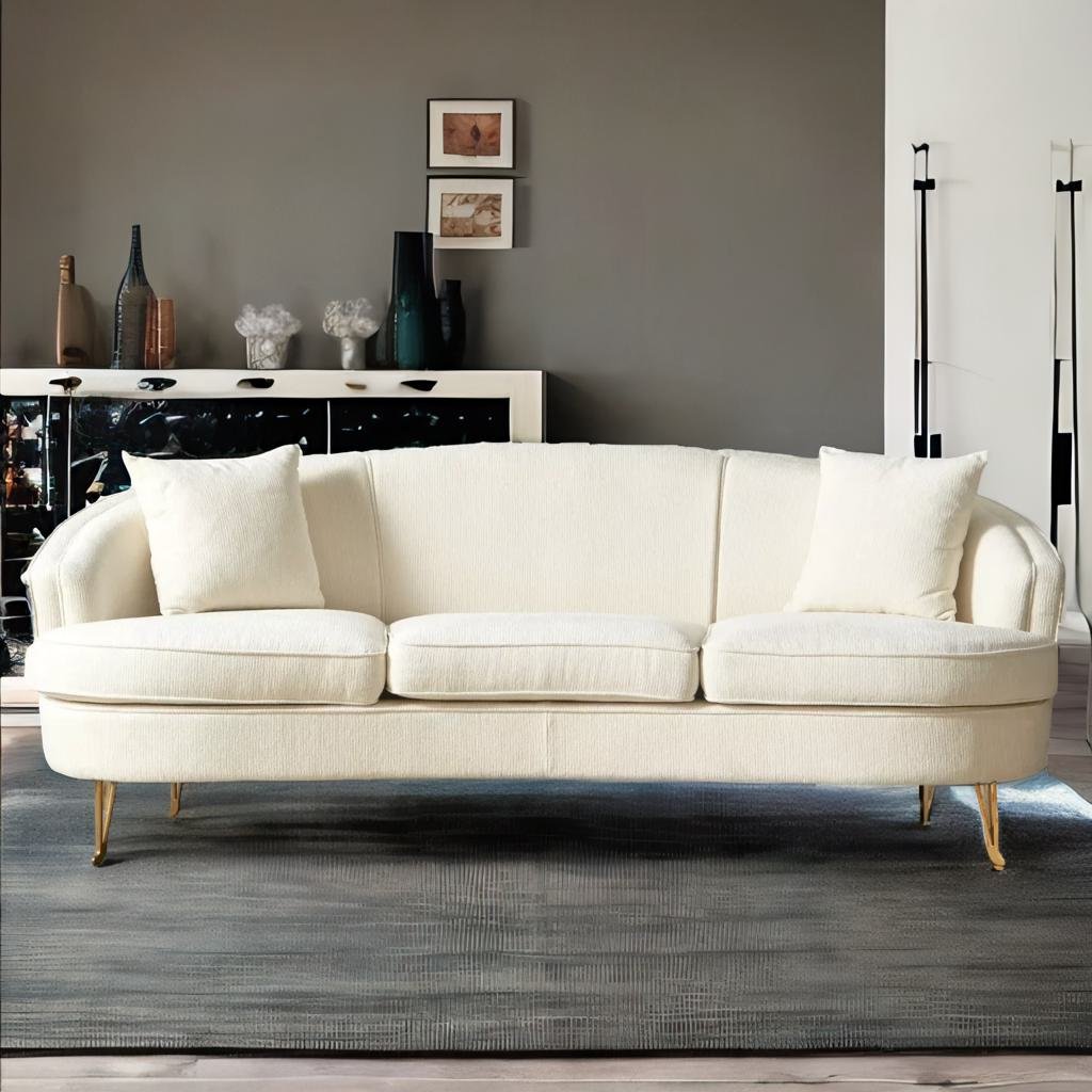 Modern Solid Wood 3 Seater Fabric Sofa - White Finish