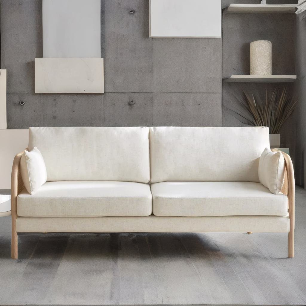 Classic Rattan Solid Wood 3 Seater Fabric Sofa- Natural Finish