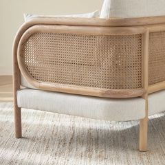 Classic Rattan Solid Wood 3 Seater Fabric Sofa- Natural Finish