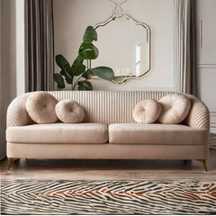 Modern Solid Wood Velvet 3 Seater Sofa - Beige Finish