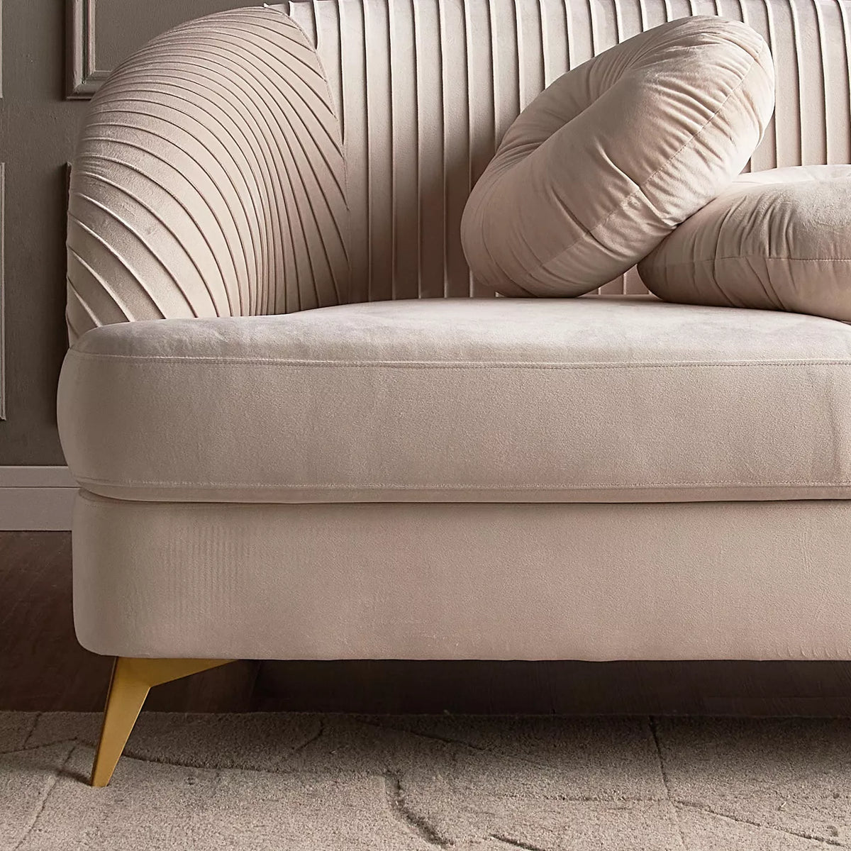 Modern Solid Wood Velvet 3 Seater Sofa - Beige Finish