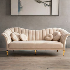 Modern Solid Wood 3 Seater Velvet Sofa- Beige Finish