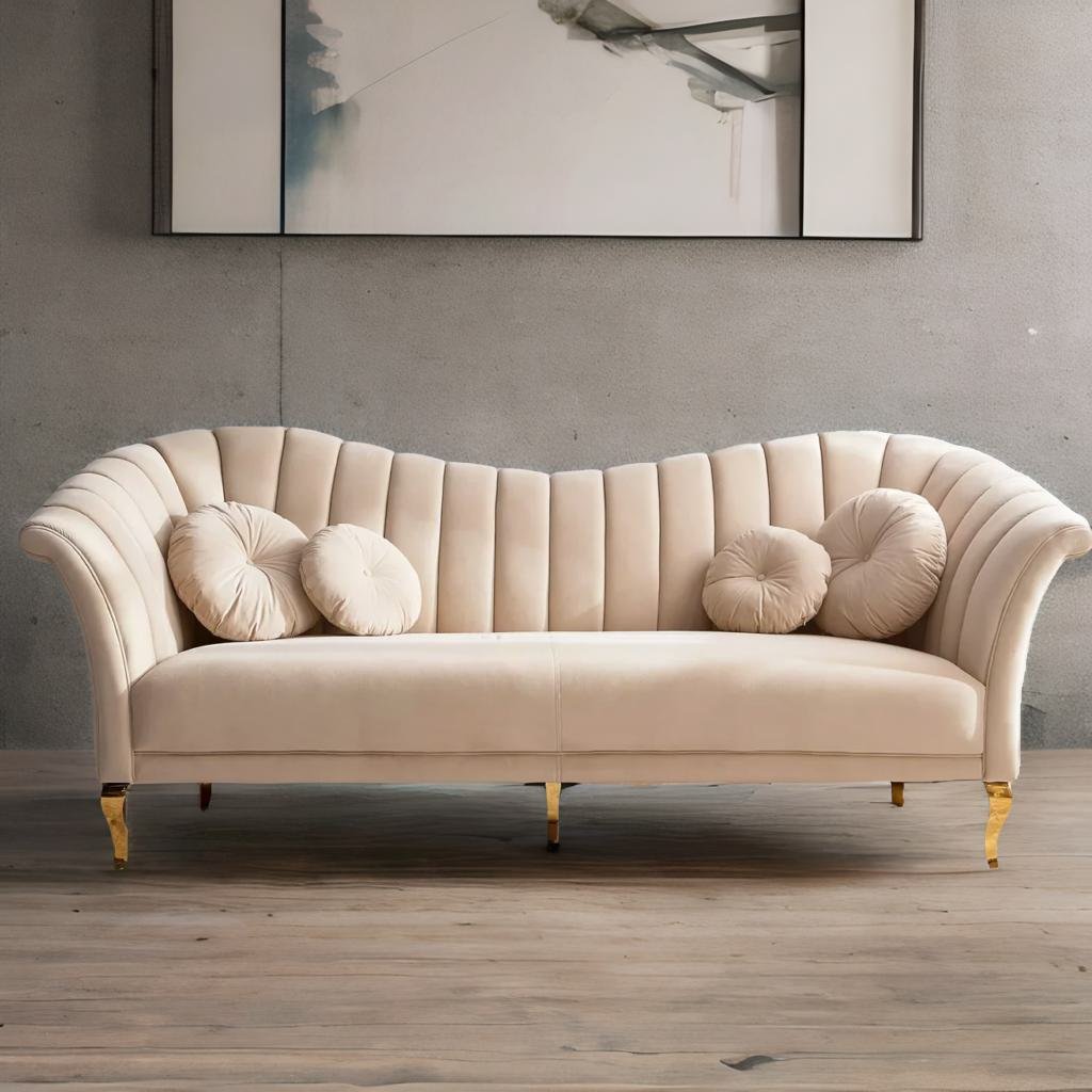 Modern Solid Wood 3 Seater Velvet Sofa- Beige Finish
