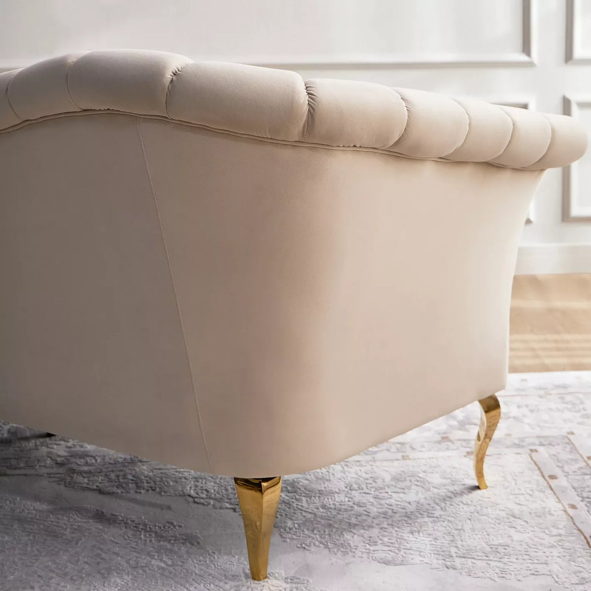 Modern Solid Wood 3 Seater Velvet Sofa- Beige Finish