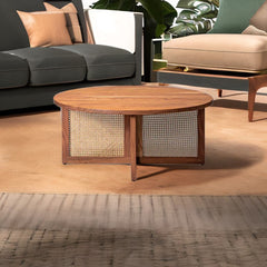Solid Wood Rattan Coffee Table - Natural Finish
