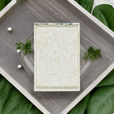 Bone Inlay Solid Wood Rectangle Lattice Pattern Serving Tray
