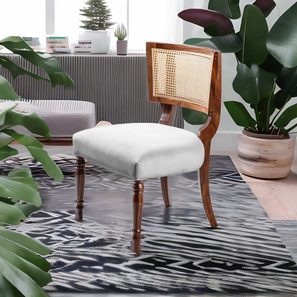 Classic Rattan Sheesham Solid Wood and Fabric Dining Chair