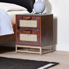Modern Rattan Mango Wood Bedside Table and Iron Legs