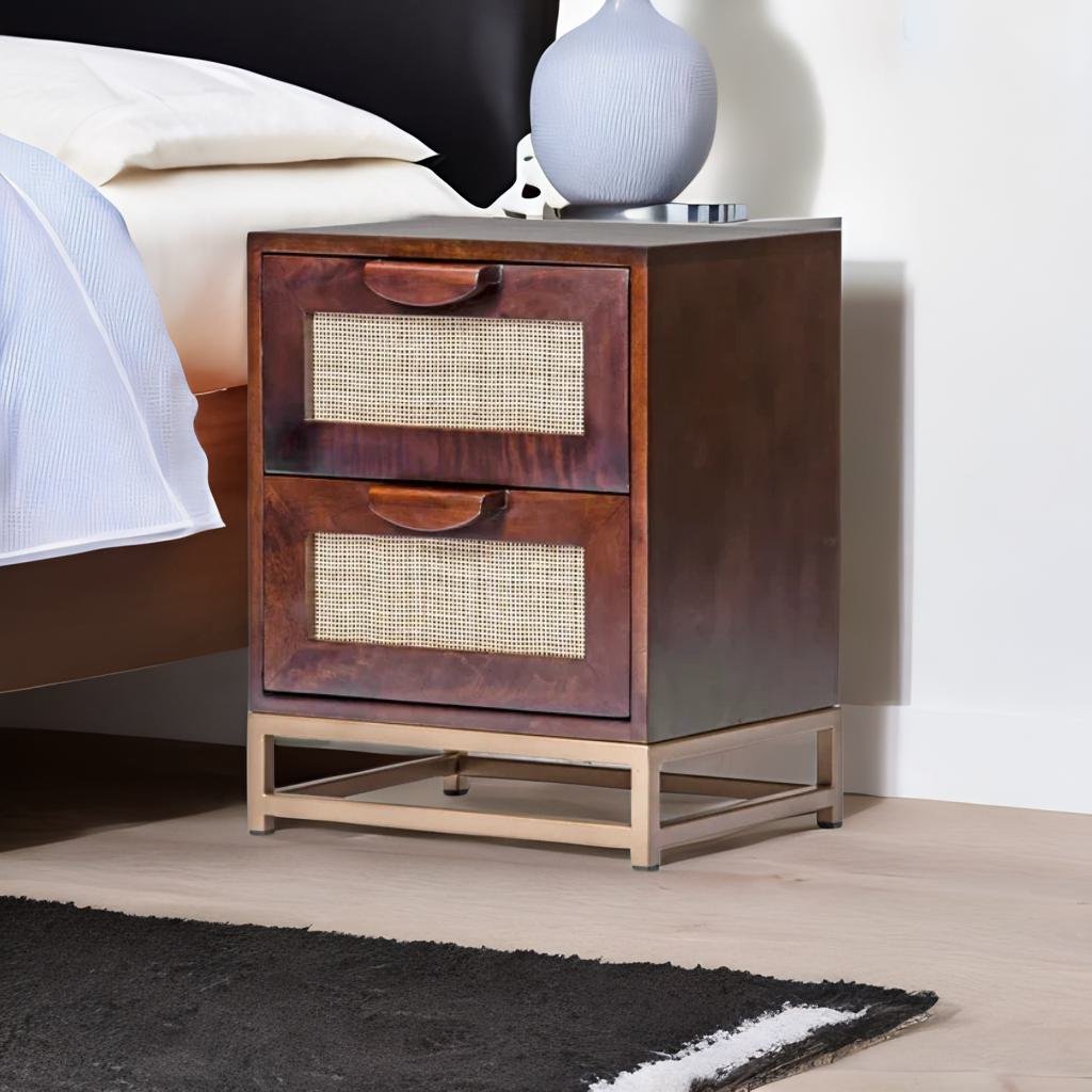 Modern Rattan Mango Wood Bedside Table and Iron Legs