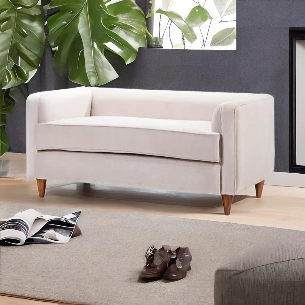 Classic Sheesham Solid Wood and Fabric White 2 Seater Fabric Sofa