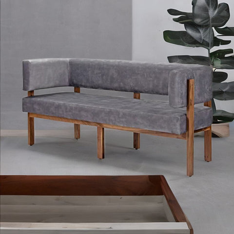 Classic Sheesham Solid Wood and Fabric Grey 3 Seater Sofa
