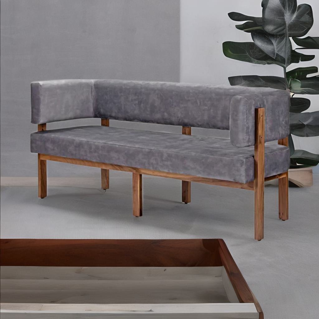 Classic Sheesham Solid Wood and Fabric Grey 3 Seater Sofa