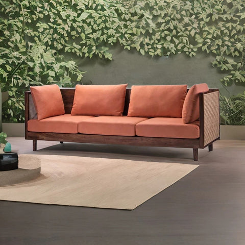 Modern Rattan Solid Wood & Fabric 3 Seater Sofa With Cane Work