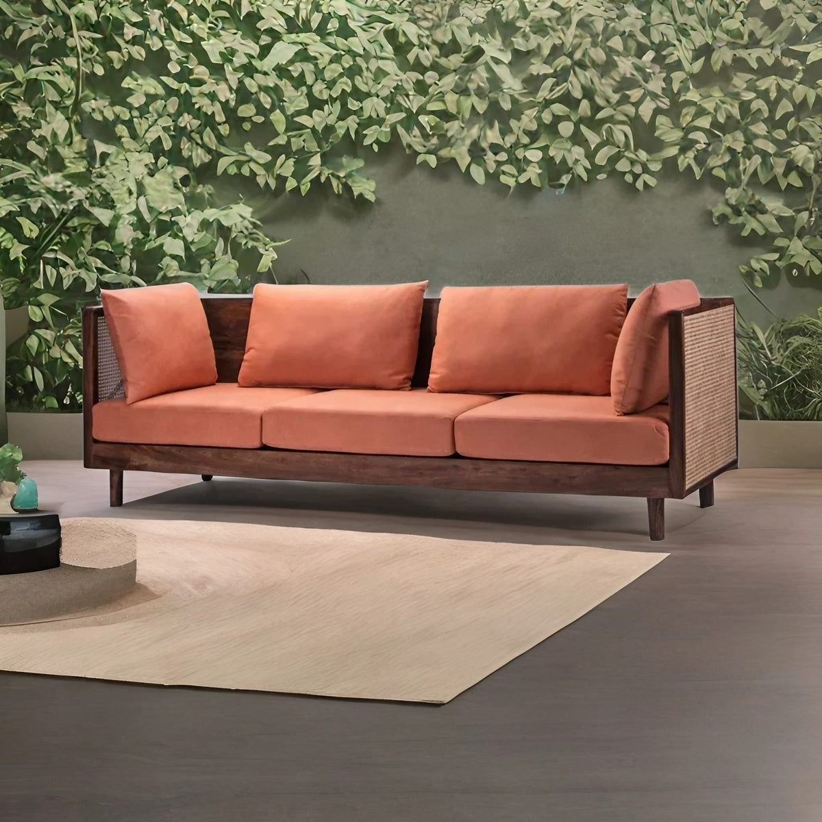 Modern Rattan Solid Wood & Fabric 3 Seater Sofa With Cane Work