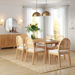 Mariko Rattan Solid Wood Dining Table Set Boucle Chairs- 4 Seater, 6 Seater - All Sizes