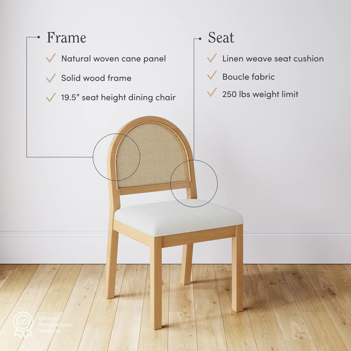 Mariko Rattan Solid Wood Dining Table Set Boucle Chairs- 4 Seater, 6 Seater - All Sizes