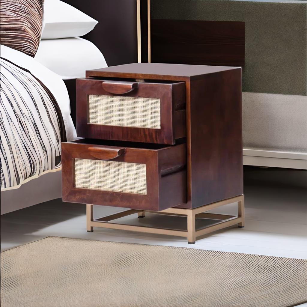 Modern Rattan Mango Wood Bedside Table and Iron Legs