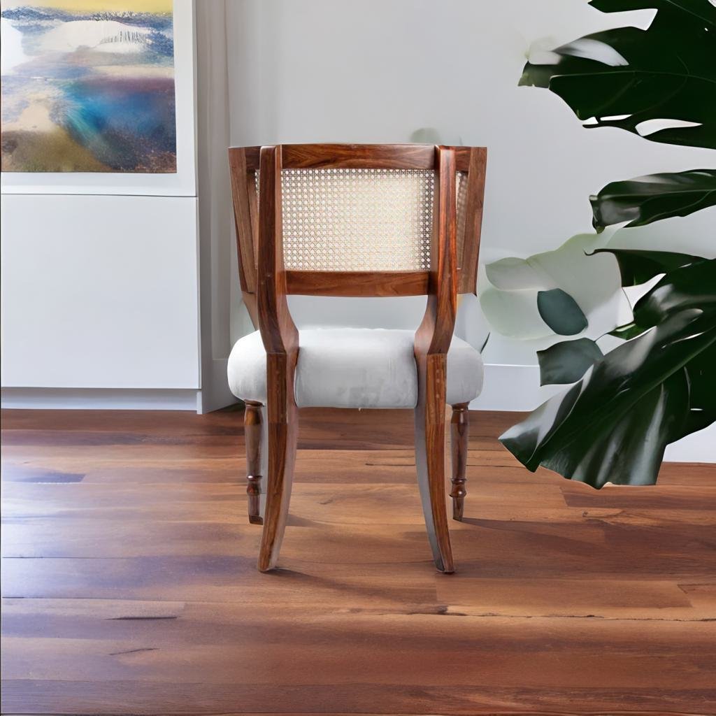 Classic Rattan Sheesham Solid Wood and Fabric Dining Chair