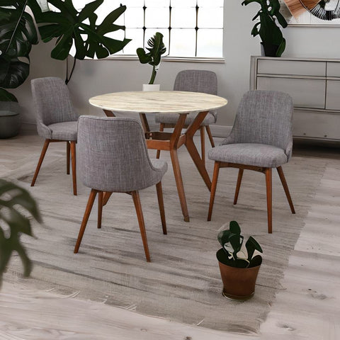 Modern Solid Wood Round Marble Top 4 Seater Dining Table Set